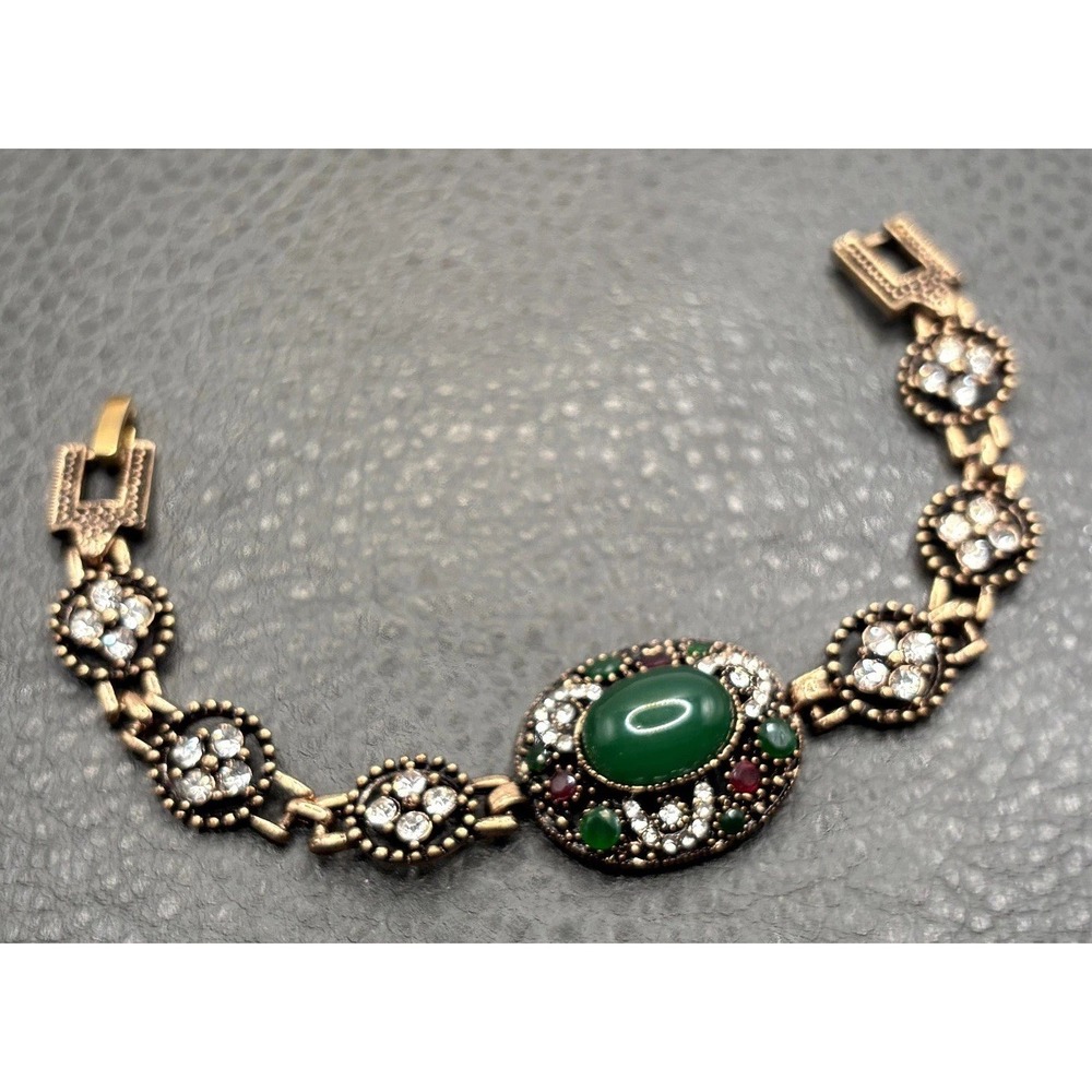 Turkish Ottoman Style Green Glass Cabochon Rhinestone Ornate Bracelet